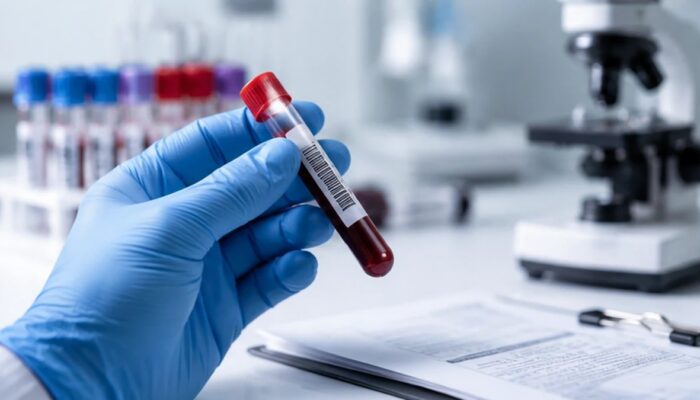 Sealed blood sample beside laboratory equipment used for chemical testing